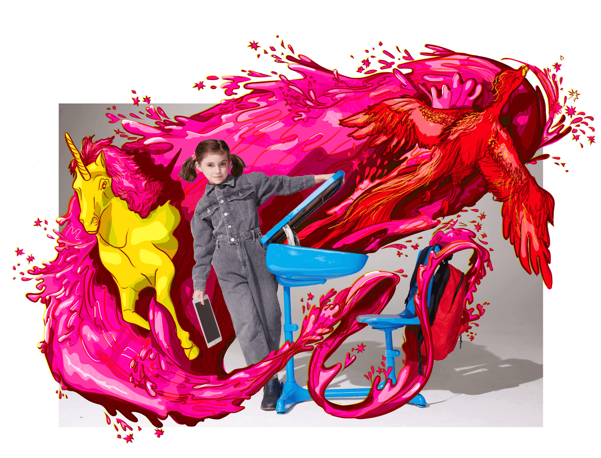 Student surrounded by a painted pink dragon and golden unicorn